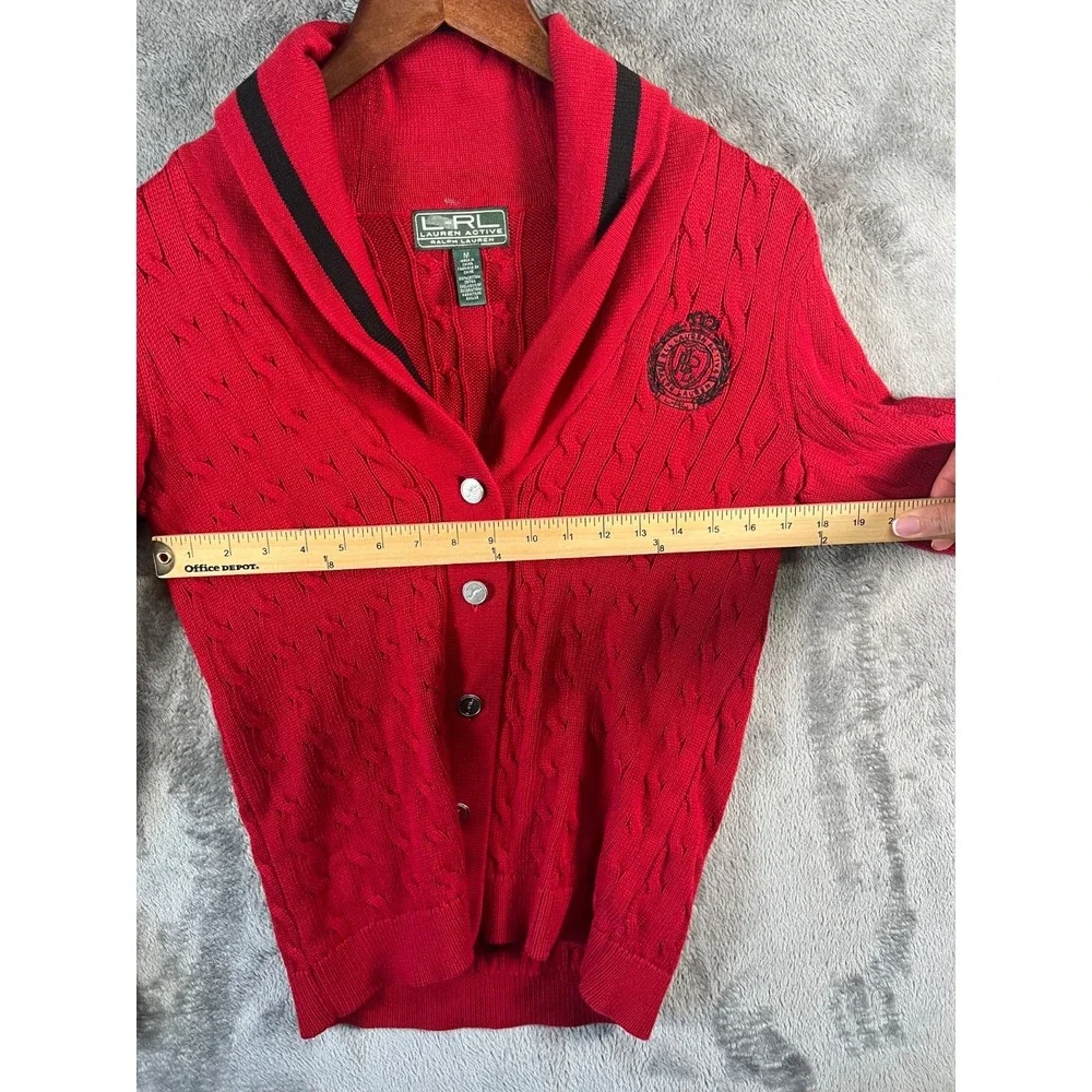 Lauren Ralph Lauren Active Cardigan Sweater Womens Medium Red Crest Cable Knit - Picture 10 of 11